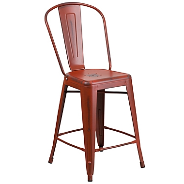 Emma + Oliver Commercial Grade 24"H Distressed Red Metal Indoor-Outdoor Counter Stool. View a larger version of this product image.