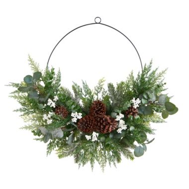 Nearly Natural 28"D Christmas Pine, Eucalyptus, and Berries Metal Circlet Artificial Wreath. View a larger version of this product image.