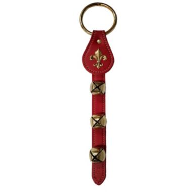 Fleur de Lis Charm Red Leather Strap Sleigh Bell Door Hanger 12 In Made in USA. View a larger version of this product image.
