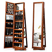 Slickblue 360Â° Rotatable Armoire 2-in-1 Lockable Mirrored Jewelry Cabinet-Brown