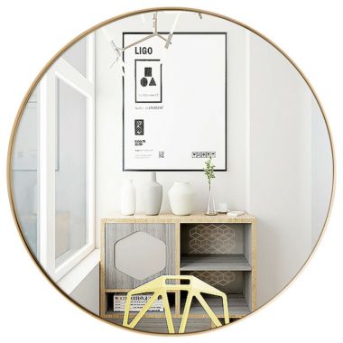 Gymax 27.5'' Modern Metal Wall-Mounted Round Mirror for Bathroom Entryway Gold. View a larger version of this product image.