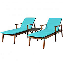 Costway 3 Pieces Protable Patio Cushioned Rattan Lounge Chair Set with Folding Table-Turquoise