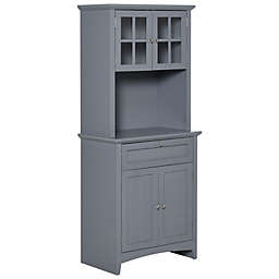 HOMCOM Kitchen Buffet Hutch Wooden Storage Cabinet with Framed Glass Door, Drawer and Microwave Space, Grey