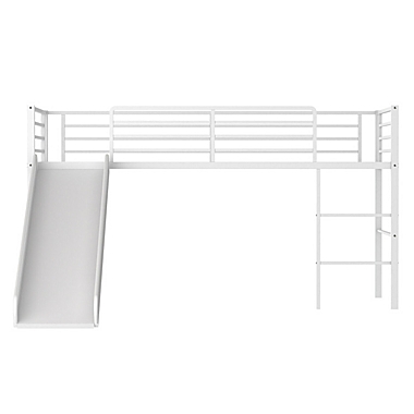 Slickblue Twin Metal Loft Bed with Slide with Safety Guardrails and Built-in Ladder-White. View a larger version of this product image.
