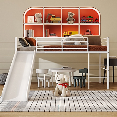 Slickblue Twin Metal Loft Bed with Slide with Safety Guardrails and Built-in Ladder-White. View a larger version of this product image.