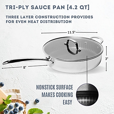 Lexi Home Stainless Steel Diamond Tri-ply 4.2 QT. Saute Pan with  Glass Lid - Nonstick Heat Resistant Kitchen Cookware. View a larger version of this product image.