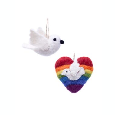 Global Crafts Rainbow Heart and White Dove Handmade Felt Ornaments, Set of 2. View a larger version of this product image.