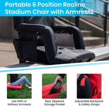 Emma and Oliver Portable Stadium Chair with Armrests, Black Reclining Padded Back & Seat, Lightweight Metal Frame & Backpack Straps, Storage Pockets. View a larger version of this product image.