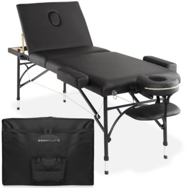 Saloniture Professional Portable Lightweight Tri-Fold Massage Table with Aluminum Legs - Includes Headrest, Face Cradle, Armrests and Carrying Case. View a larger version of this product image.