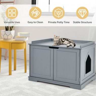 Hooya Cat Litter Box Enclosure with Double Doors for Large Cat and Kitty (Grey). View a larger version of this product image.