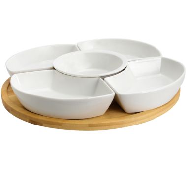 Elama Signature 12 1/4 Inch 6-Piece Lazy Susan Appetizer and Condiment Server Set with 5 Serving Dishes and a Lazy Suzan Serving Tray. View a larger version of this product image.