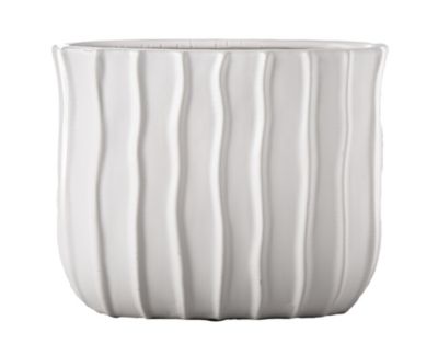 Urban Trends Collection Ceramic Tall Oval Vase with Embossed Tan Edges Vertical Line and Asymetrical Pattern Design Body Matte Finish White