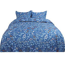 PiccoCasa Polyester 3-Piece Floral Queen Comforter and Sham Set, Blue, 100% Superior Quality Polyester Fashion Reactive Printing Floral Rectangular Comforter Set