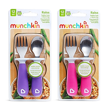 Munchkin Raise Toddler Fork and Spoon, 4 pack, Pink/Purple. View a larger version of this product image.