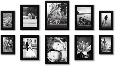 Americanflat 10 Piece Black Gallery Wall Picture Frame Set in 8x10, 5x7, and 4x6. Shatter-Resistant Glass. Hanging Hardware Included!