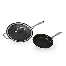 Wolfgang Puck 3-Piece Stainless Steel Skillet Set, Scratch-Resistant Non-Stick Coating, Includes a Large and Small Skillet, Clear Tempered-Glass Lid, Cool Touch Handles, Extra-Wide Rims