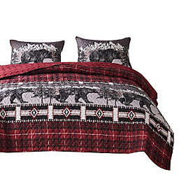 Saltoro Sherpi 3 Piece Queen Quilt Set with Bear and Plaid Pattern, Gray and Red-