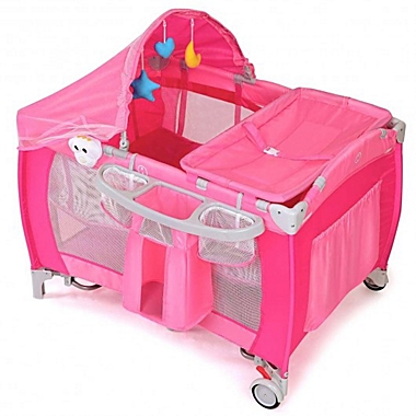 Costway Foldable Baby Crib Playpen w/ Mosquito Net and Bag-Pink. View a larger version of this product image.