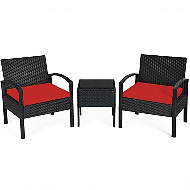 Costway 3 Pieces Outdoor Rattan Patio Conversation Set with Seat Cushions-Red. View a larger version of this product image.