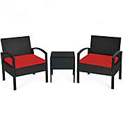 Costway 3 Pieces Outdoor Rattan Patio Conversation Set with Seat Cushions-Red