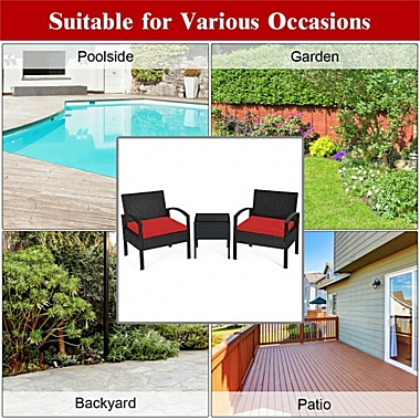 Costway 3 Pieces Outdoor Rattan Patio Conversation Set with Seat Cushions-Red. View a larger version of this product image.
