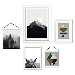 (Set of 5) White Framed Multimedia Gallery Wall Art Set - Shapes of Mountain - Americanflat
