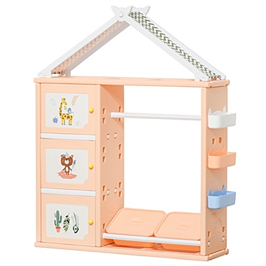 Qaba Kids Toy Storage Organizer with 2 Bins, Coat Hanger, Bookshelf and Toy Collection Shelves, Orange. View a larger version of this product image.