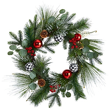 Nearly Natural 24"D Decorative Berry and Pinecone Artificial Christmas Wreath with Ornaments. View a larger version of this product image.