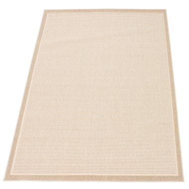 Chaudhary Living 4' x 5.5' Off White and Beige Striped Rectangular Area Throw Rug. View a larger version of this product image.