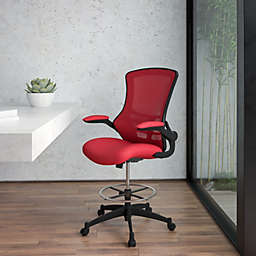 Emma + Oliver Mid-Back Red Mesh Ergonomic Drafting Chair with Foot Ring and Flip-Up Arms