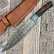 HomeTown Knives HTS475 Damascus 13  CHEF Knife // Turquoise Stone with Black Micarta Handle