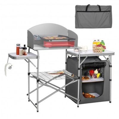 Costway Foldable Outdoor BBQ Portable Grilling Table With Windscreen Bag-Gray