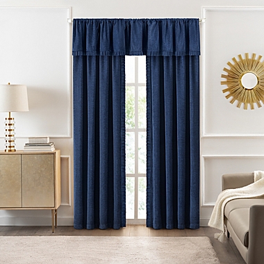 Kate Aurora Modern Lux Complete 3 Piece Chenille Curtain Panels & Valance Set - 84 in. Long - Navy. View a larger version of this product image.