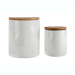 Urban Trends Collection Ceramic Round Canister with Top Bamboo Lid and Embossed Pan Pattern Dots Design Body Set of Two Gloss Finish White