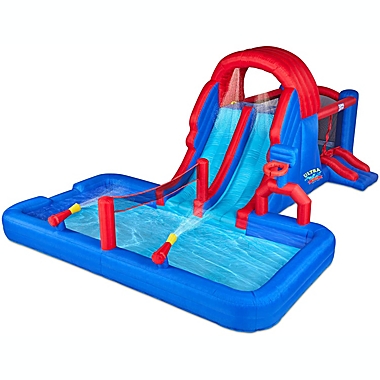 Sunny & Fun Ultra All-Play Inflatable Water Slide Park - Heavy-Duty for Outdoor Fun - Climbing Wall, Slides, Bounce House, Volley Net, Deep Pool - Inflate with Included Air Pump & Carrying Case. View a larger version of this product image.