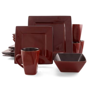 Gibson Elite Kiesling 16 Piece Hard Square Dinnerware Set in Red. View a larger version of this product image.