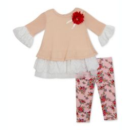 Rare Editions Baby Girl's 2 Pc Lace Trim Sweater & Floral Print Pants Set Brown Size 18MOS