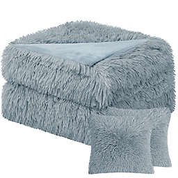 PiccoCasa Faux Fur Throw Blanket Pillow Cover Set Long Shaggy Microfiber Plush Lightweight Throw Blanket (50 x 60) 2pcs Cushion Covers (18 x 18) (No Pillow Insert Included) - Gray