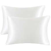PiccoCasa 85 GSM Satin Pillowcases for Hair and Skin, Luxury Silky Pillow Cover with Zipper Closure, Satin Pillow Cases Set of 2, Queen White