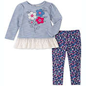 Kids Headquarters Baby Girl&#39;s 2 Pc Lace Hem Tunic & Floral Print Leggings Set Blue Size 6-9MOS