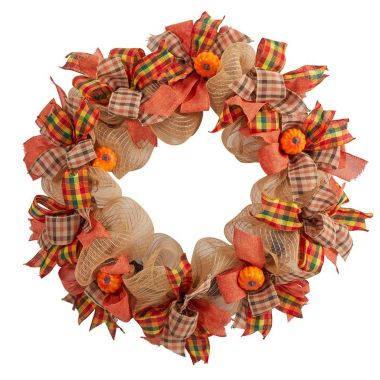Nearly Natural 30"D Halloween Autumn Pumpkin with Decorative Bows Artificial Fall Wreath. View a larger version of this product image.