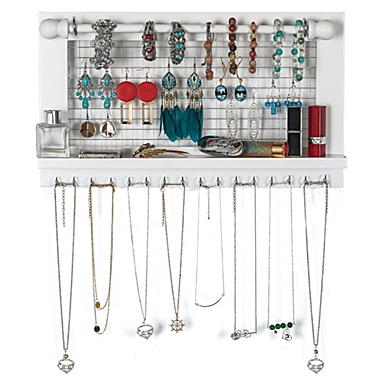 Inq Boutique White Wall Mounted Jewelry Organizer, Wooden Earring Holder with Shelf, Hanging. View a larger version of this product image.