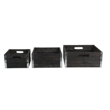 GCI Set of 3 Brown and Silver Solid Rectangular Nesting Wood Crates 11". View a larger version of this product image.