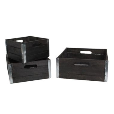 GCI Set of 3 Brown and Silver Solid Rectangular Nesting Wood Crates 11". View a larger version of this product image.