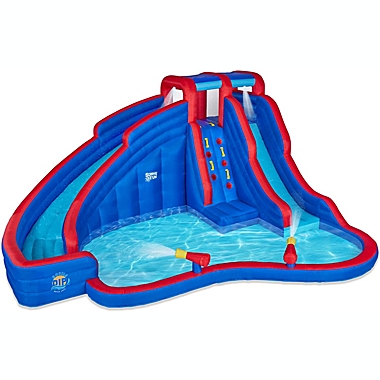 Sunny & Fun Double Dip Inflatable Water Slide Park - Heavy-Duty for Outdoor Fun - Climbing Wall, 2 Slides & Splash Pool - Easy to Set Up & Inflate with Included Air Pump & Carrying Case. View a larger version of this product image.
