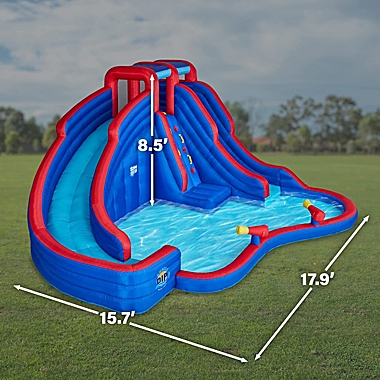 Sunny & Fun Double Dip Inflatable Water Slide Park - Heavy-Duty for Outdoor Fun - Climbing Wall, 2 Slides & Splash Pool - Easy to Set Up & Inflate with Included Air Pump & Carrying Case. View a larger version of this product image.
