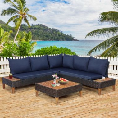Costway 4 Pieces Patio Cushioned Rattan Furniture Set with Wooden Side Table-Navy. View a larger version of this product image.