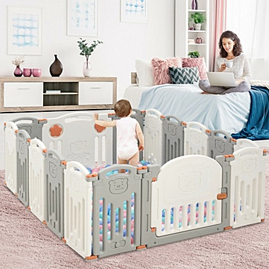 Costway 16 Panel Activity Safety Baby Playpen w/ Lock Door-Beige. View a larger version of this product image.