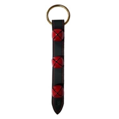 Green Leather Strap with 3 Red Bells Sleigh Bell Door Hanger 12 Inch Made in USA. View a larger version of this product image.