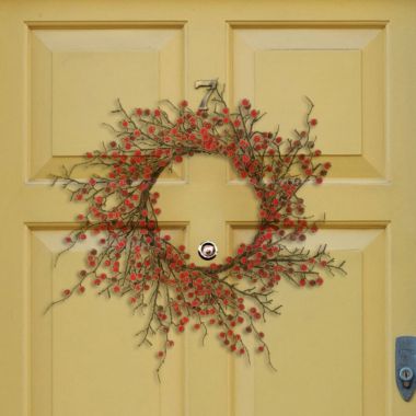 Floral Home Large Red Berry Wreath; 22" Holiday Decorative Valentines Day Wreath for Front Door, Fireplace, Mantel, Xmas Décor, Front Door Decor. View a larger version of this product image.